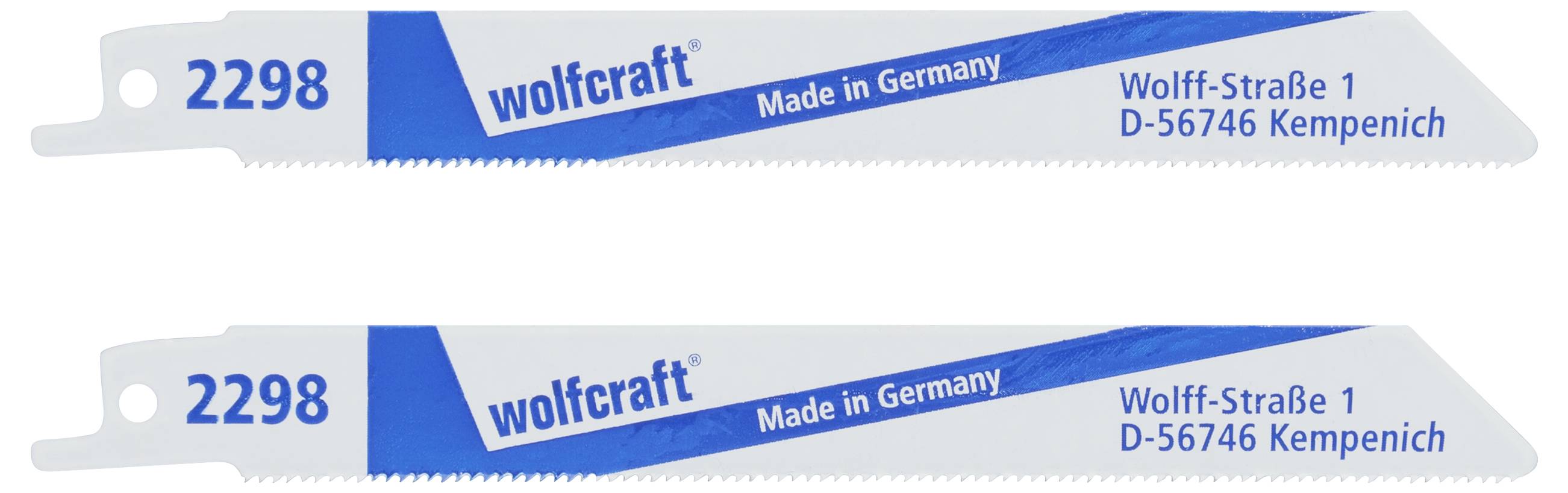 Dva pílové listy s nápisom 'wolfcraft', 'Made in Germany' a adresou v Kempenich. Číslo modelu 2298.