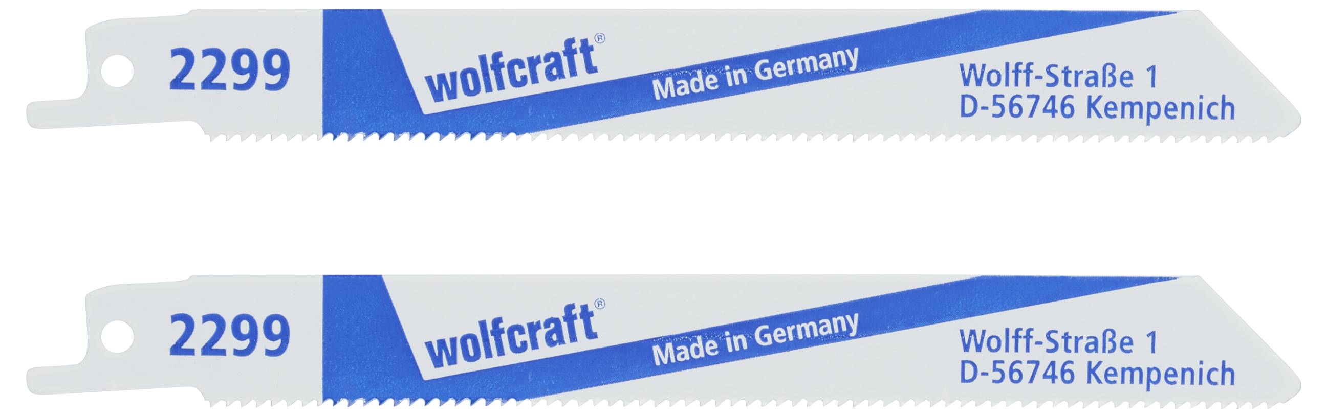 Dva modro-biele pílové listy s nápisom 'wolfcraft', 'Made in Germany' a 'Wolff-Straße 1, D-56746 Kempenich'.