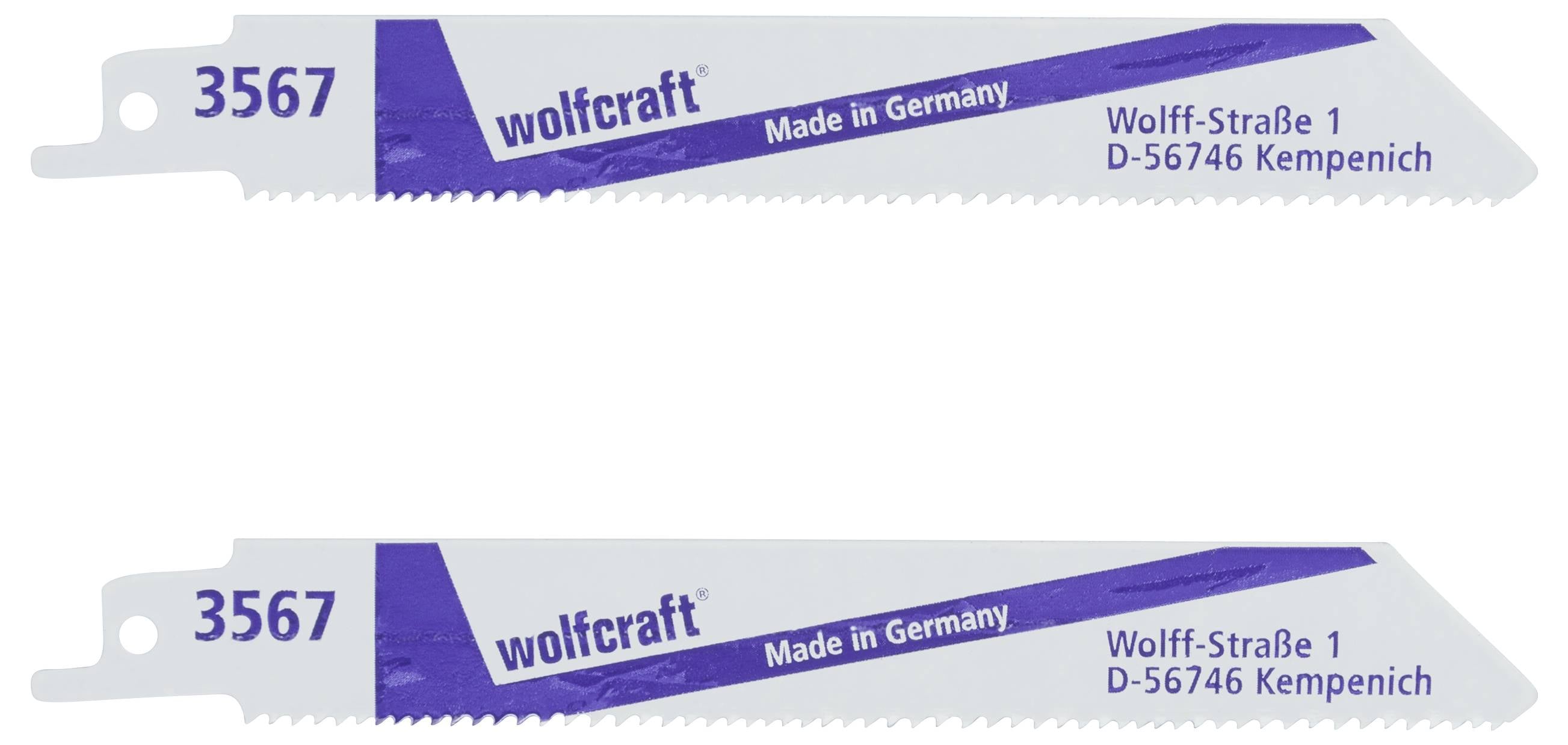 Dve pílové listy s nápisom 'wolfcraft', 'Made in Germany' a '3567'. Adresa: 'Wolff-Straße 1, D-56746 Kempenich'.