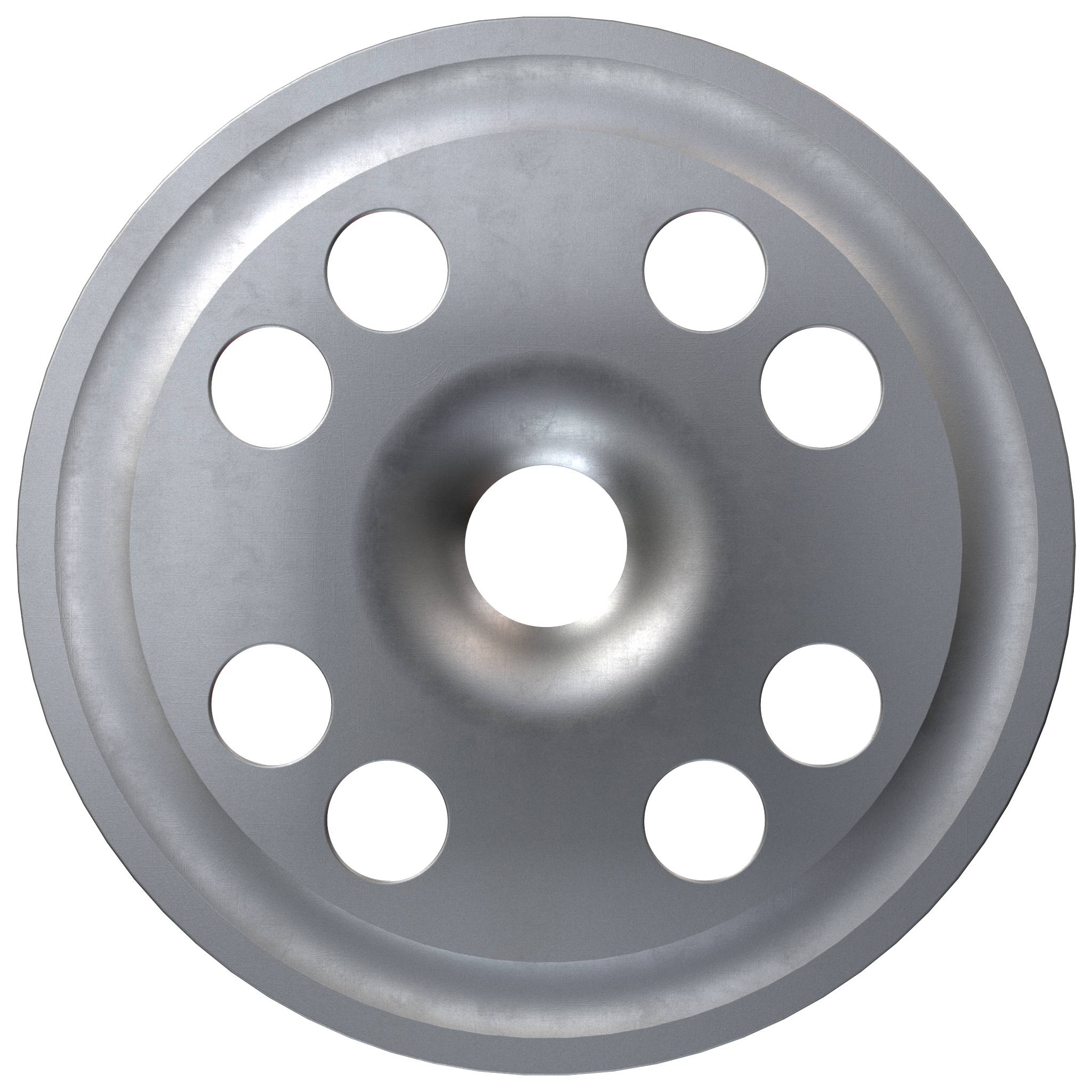 Pohľad zhora na sivý kovový disk kolesa alebo hubcap s ôsmimi otvormi na skrutky okolo centrálneho otvoru.