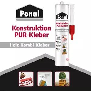 'Ponal Konštrukčné PUR lepidlo' Tuba lepidla. Text: 'Kombinované lepidlo na drevo'. Príklady použitia: Drevená lavica, skriňa, kvetináč.