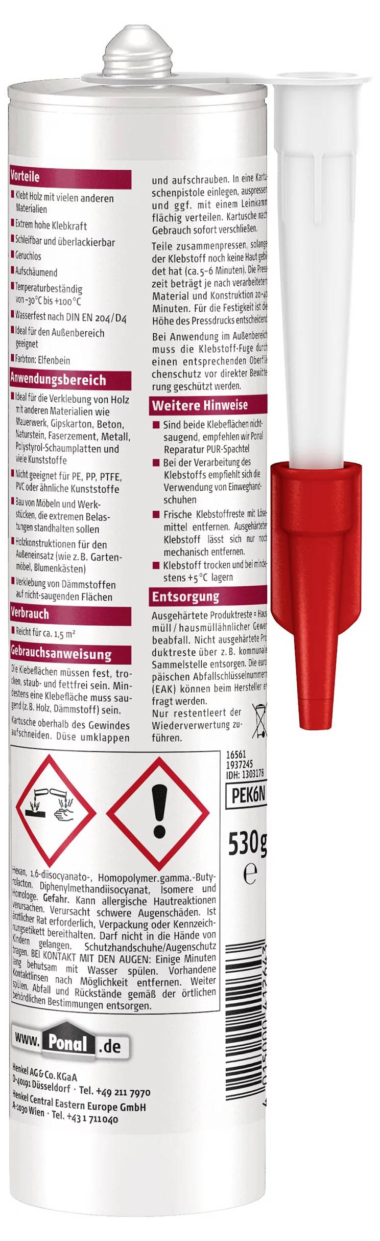 Kartuša s tesniacim materiálom. Obsahuje bezpečnostné a aplikačné pokyny vrátane chemických upozornení so symbolmi nebezpečenstva.