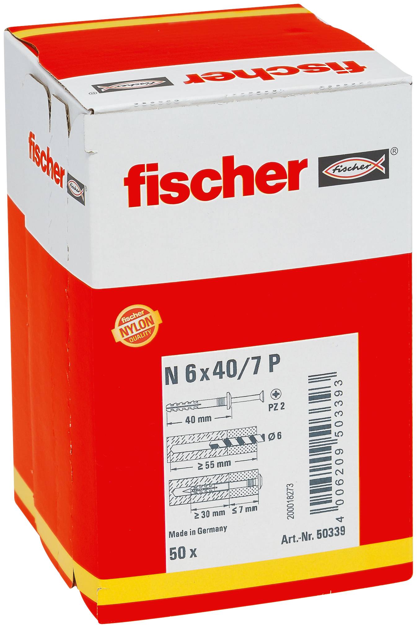 Krabica nylonových hmoždiniek Fischer, model N 6 x 40/7 P, 50 kusov, červeno-biely obal.