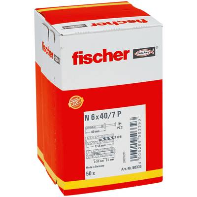 Krabica nylonových hmoždiniek Fischer, model N 6 x 40/7 P, 50 kusov, červeno-biely obal.