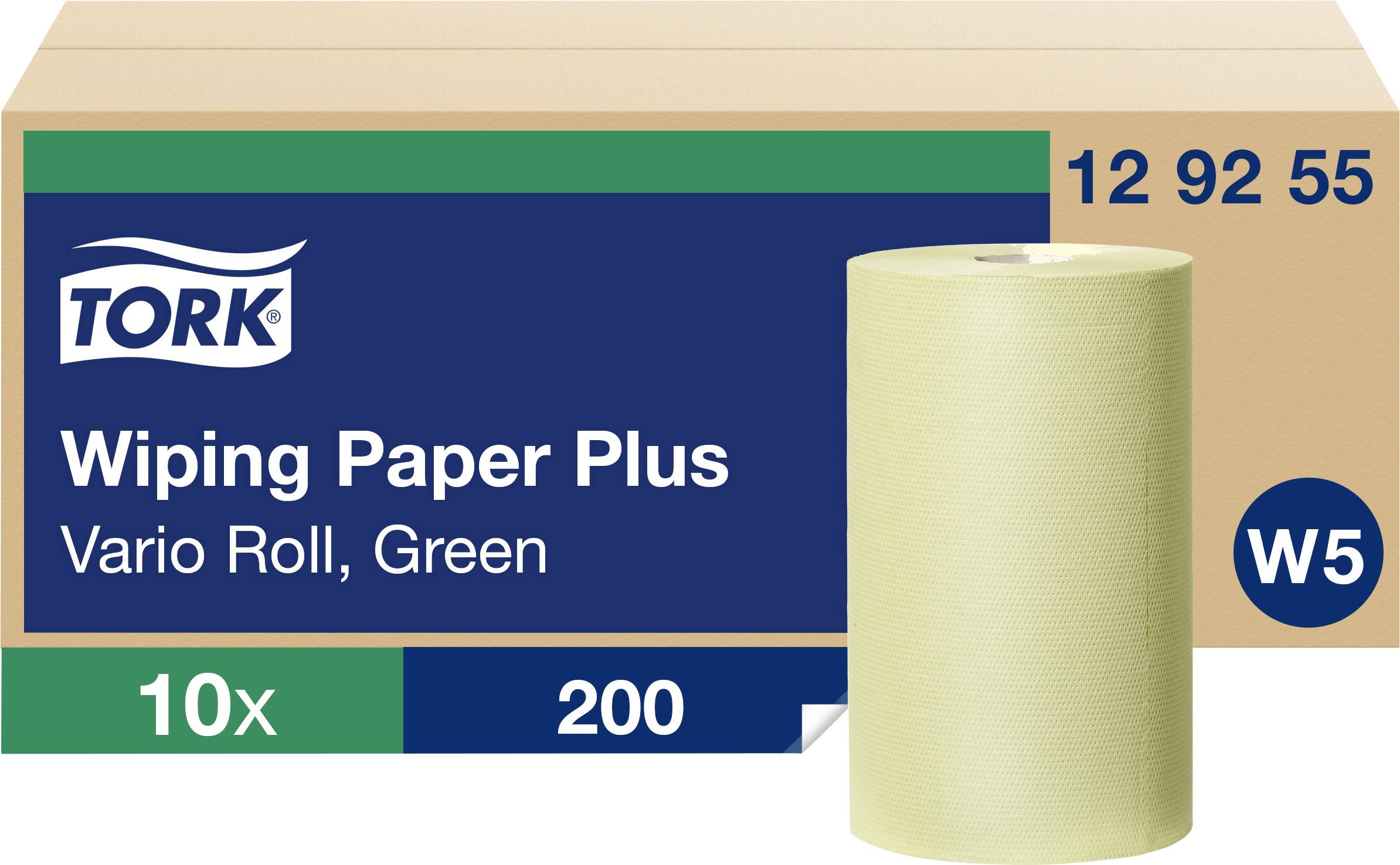 Kartón a rolka zeleného čistiaceho papiera Tork Plus. Na kartóne je nápis: 'Wiping Paper Plus, Vario Roll, Green, 10x 200'.