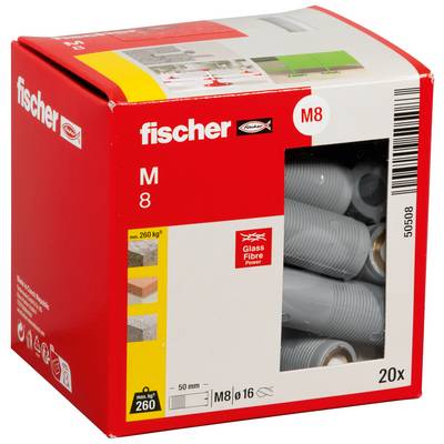 Súprava steny Fischer M8, červené balenie s oknom zobrazujúcim sivé plastové kotvy; označené '20x' a 'max. 260 kg'.