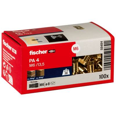 Krabička Red Fischer s kotvami PA 4 M6/13.5, označená 100x, s viditeľnými mosadzne farebným skrutkami viditeľnými cez priesvitné okno.