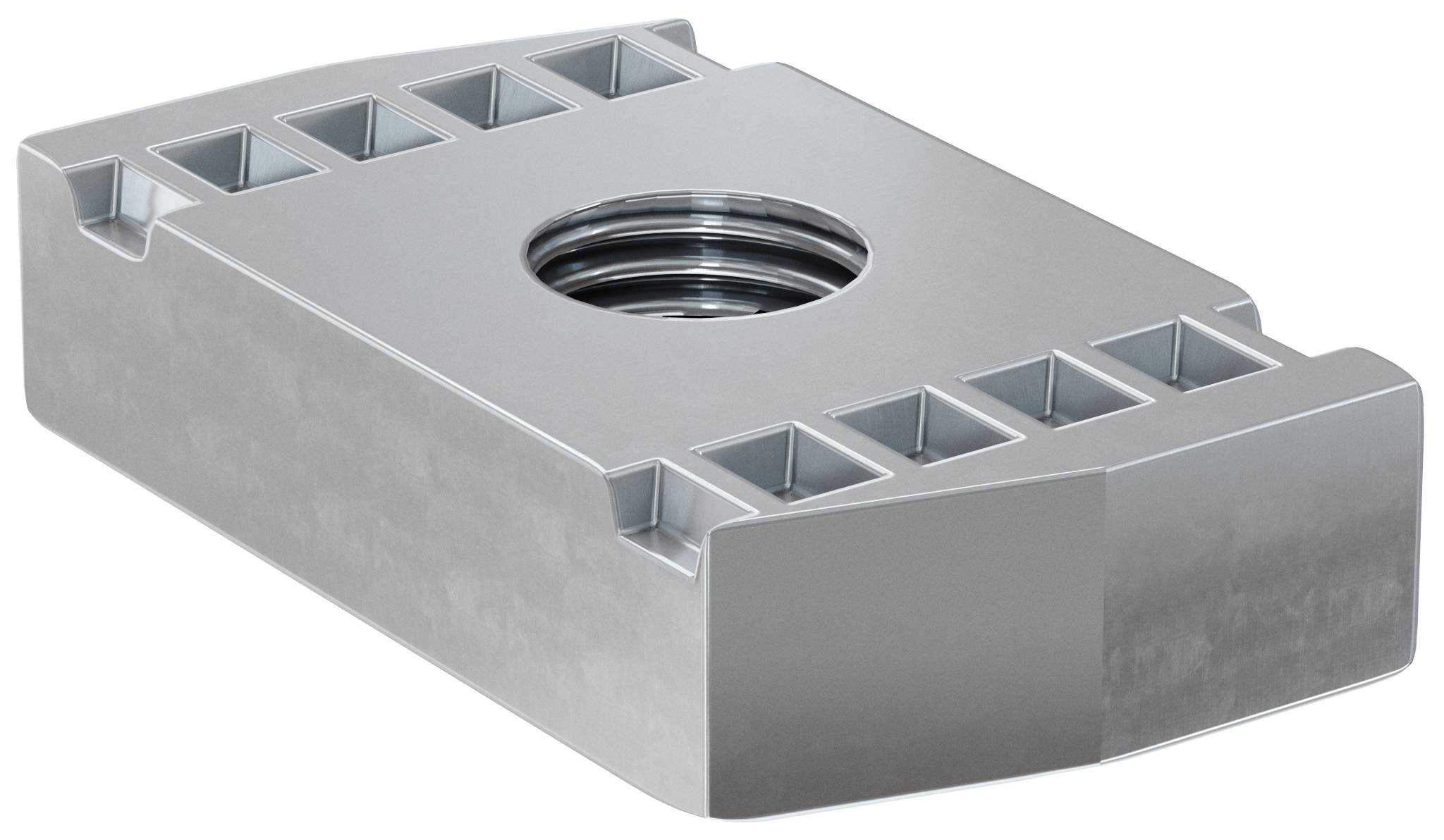 Strieborný kovový T-drážkový blok matice s centrálnym závitovaným otvorom, zobrazený v 3D na bielom pozadí.
