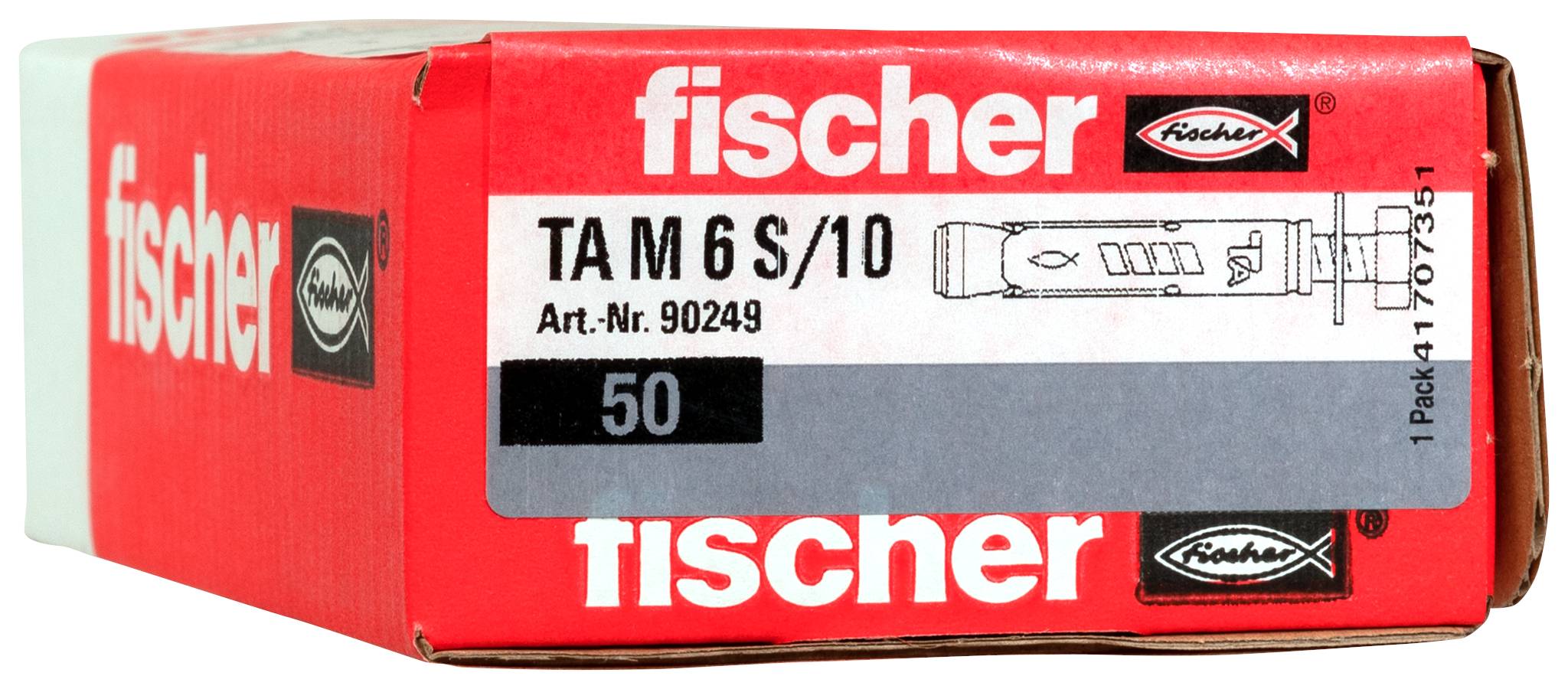Červená zástrčková krabica Red Fischer označená "TA M 6 S/10" s veľkosťou 50 a ilustráciou produktu na prednej strane.