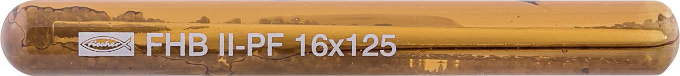 Jantárový sklený valec označený „FHB II-PF 16x125" s tlačeným logom, pravdepodobne súčasť poistky alebo kazety.