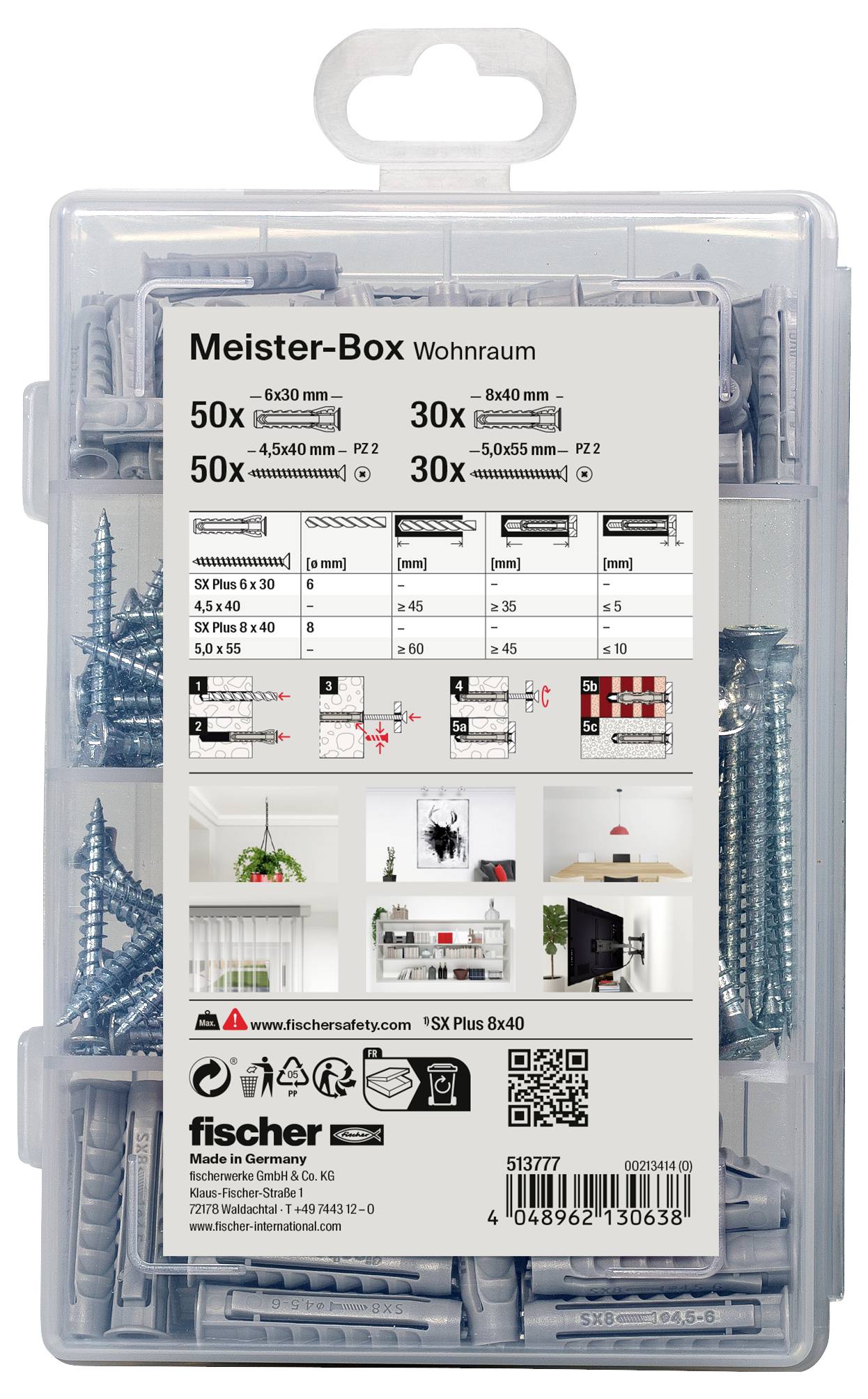 Sada skrutiek a hmoždiniek 'Majster-Box Obytný priestor' s dvoma druhmi skrutiek (50x Ø3,5 mm, 30x Ø4 mm) a tromi druhmi hmoždiniek (50x, 30x, 30x).