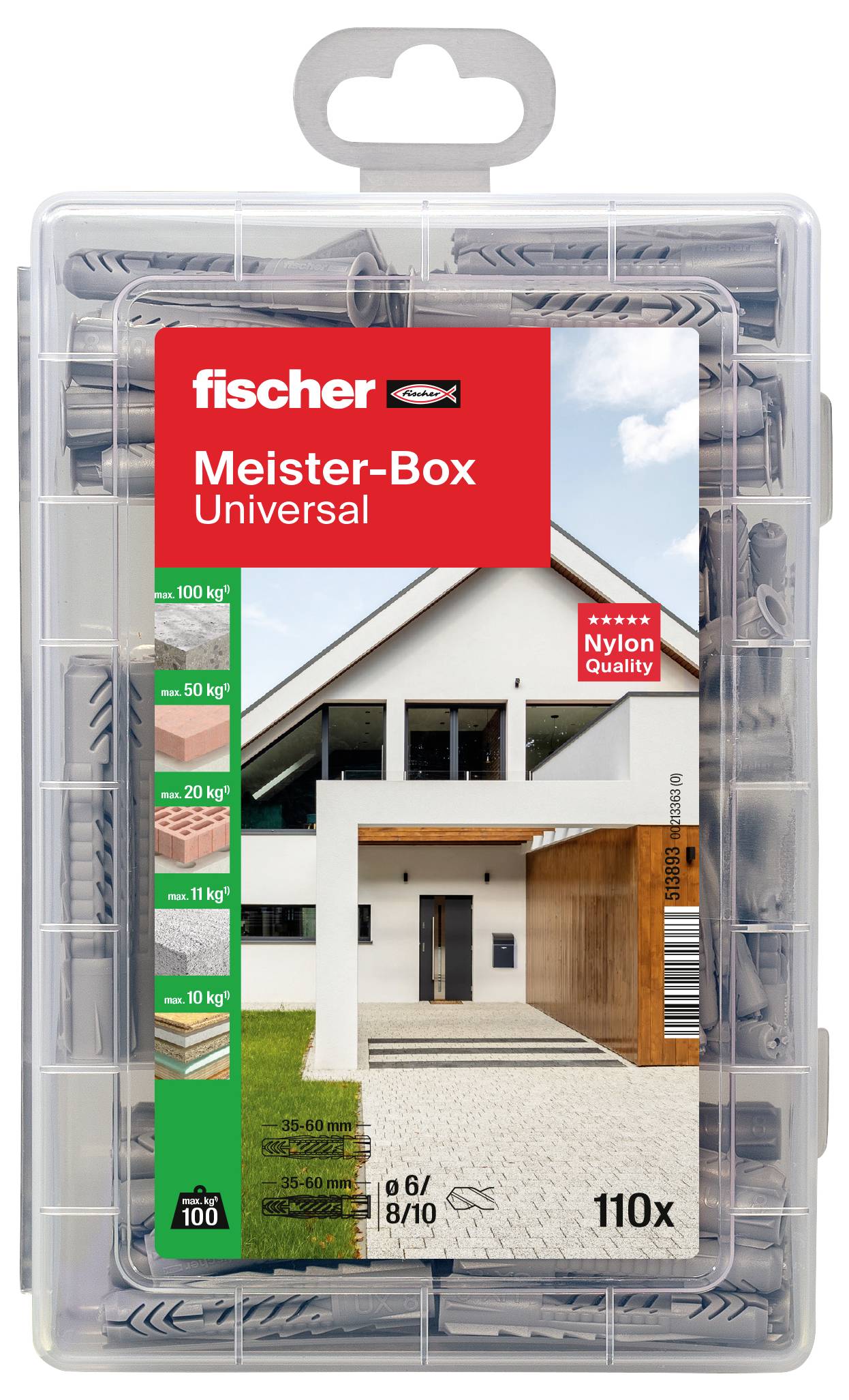 Plastový box značky Fischer s hmoždinkami, označený ako 'Majstrova Univerzálna Krabica'. Na obale je obrázok domu. Obsahuje 110 kusov.