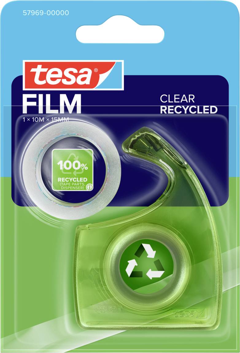 Čiré lepiacu pásku s zeleným dispenserom s označením „100% recyklované", názov značky „tesa" je výrazne zobrazený na balení.