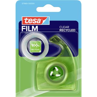 Čiré lepiacu pásku s zeleným dispenserom s označením „100% recyklované", názov značky „tesa" je výrazne zobrazený na balení.