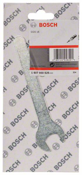 Strieborný francúzsky kľúč na obale Bosch s produktovým číslom '1 607 950 525'. Pozadie s logami Bosch.