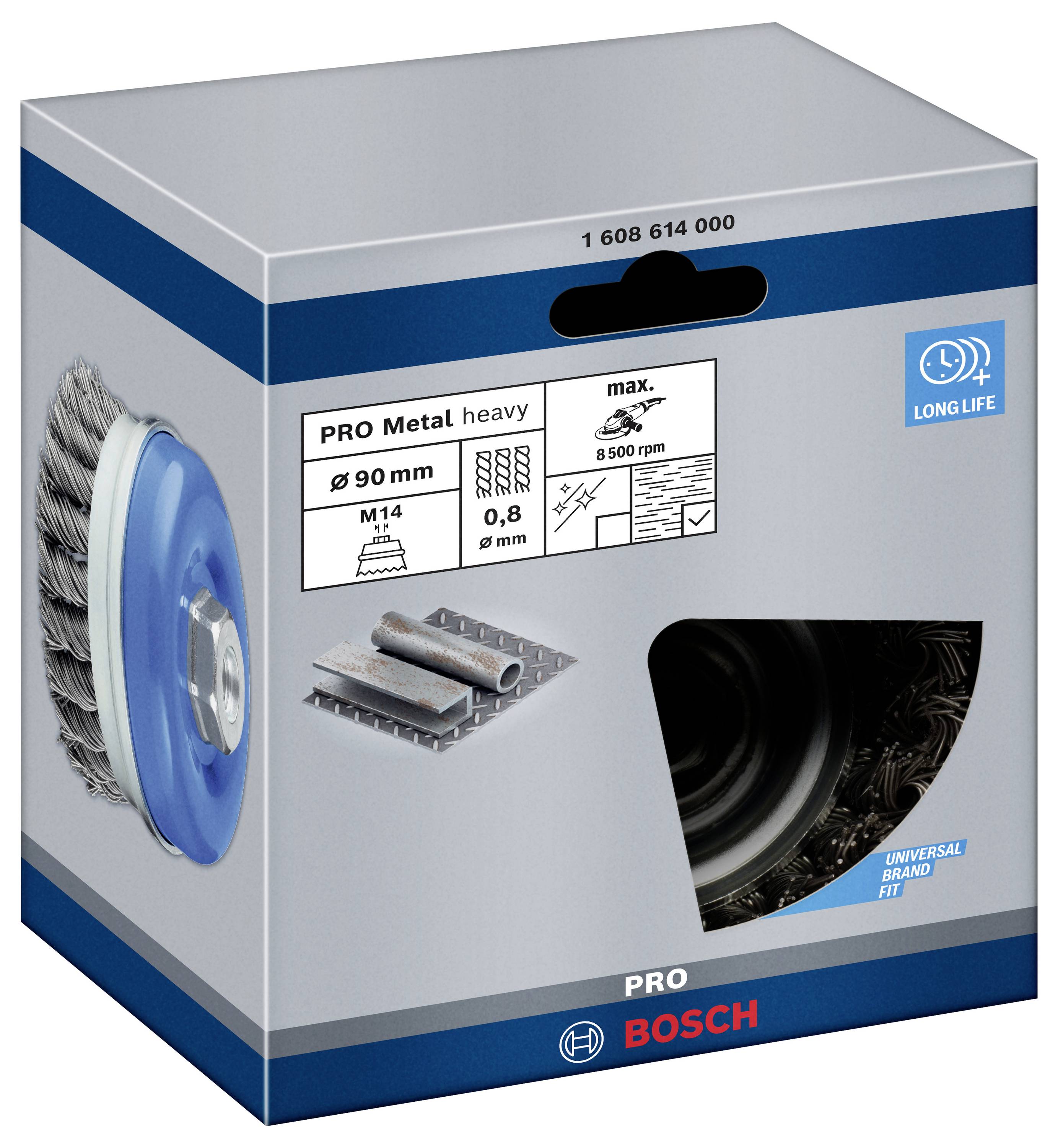 Obrázok zobrazuje balenie kefy Bosch PRO Heavy Metal so špecifikáciami: Ø 90 mm, hrúbka drôtu 0,8 mm, závit M14.