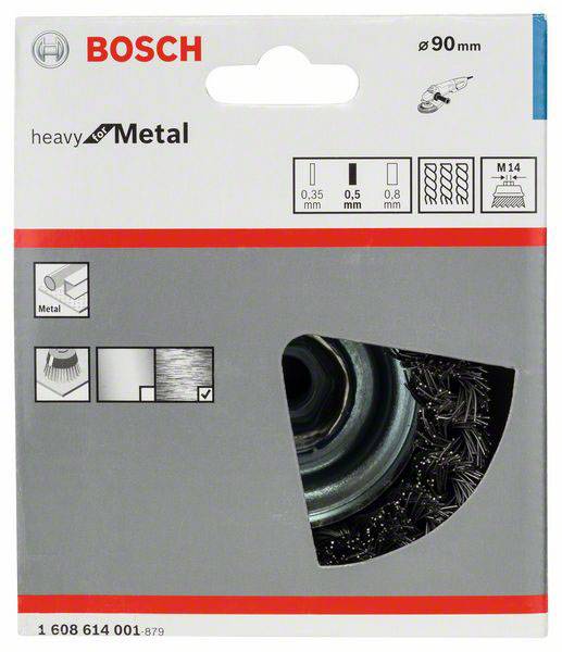 Drôtená kefa Bosch pre elektrické náradie, priemer 90 mm, vhodná na spracovanie kovu; obrázok zobrazuje balenie s produktom a návodom na použitie.