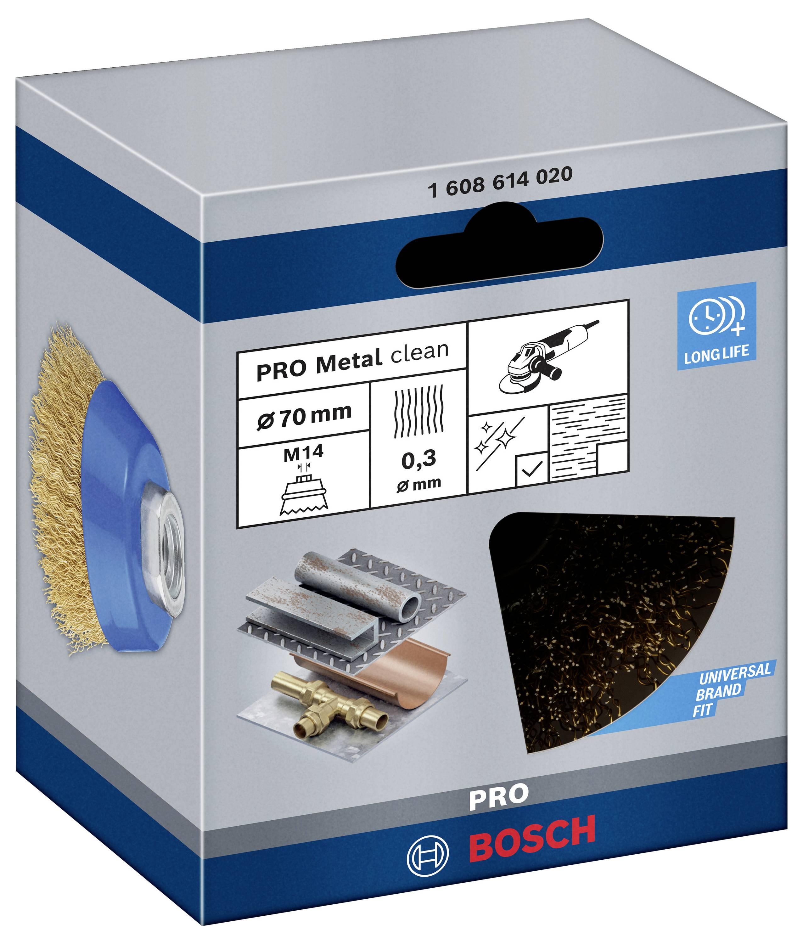 Balenie drôtenej kefky pre uhlovú brúsku, 'PRO Metal clean', Ø70 mm, M14, 0,3 mm, vhodná na čistenie kovov, od Bosch.