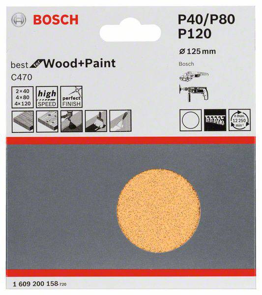 Obal brúsneho papiera Bosch pre drevo a farbu, zrnitosti P40, P80, P120, priemer 125 mm, vhodný pre excentrickú brúsku.
