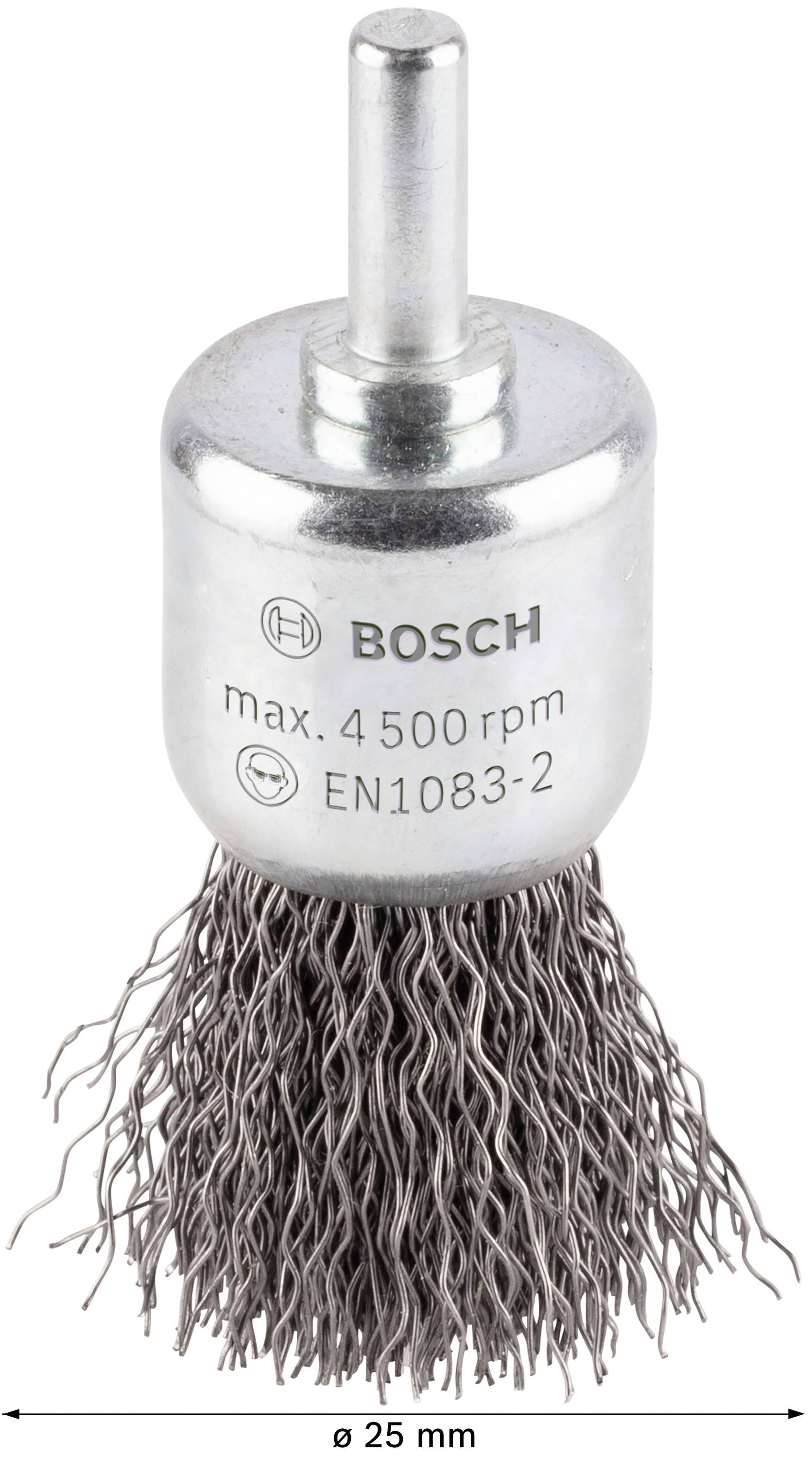 Drôtený kefový nástavec s nápisom 'BOSCH max. 4500 rpm EN1083-2'. Vhodný na čistiace a leštiace práce. Priemer 25 mm.