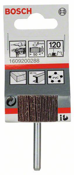Brúsny kotúč značky Bosch, vhodný na drevo, kov a PVC, zrnitosť 120, priemer stopky 6 mm, balený na kartónovej karte s inštruktážnymi symbolmi.