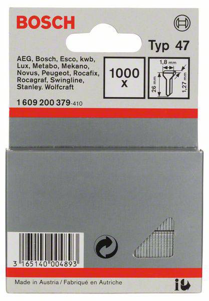 'Bosch Typ 47' sponky, 1000 kusov, rozmery: 26 mm x 1,8 mm x 1,27 mm. Vhodné pre rôzne značky ako Metabo a Stanley. Vyrobené v Rakúsku.