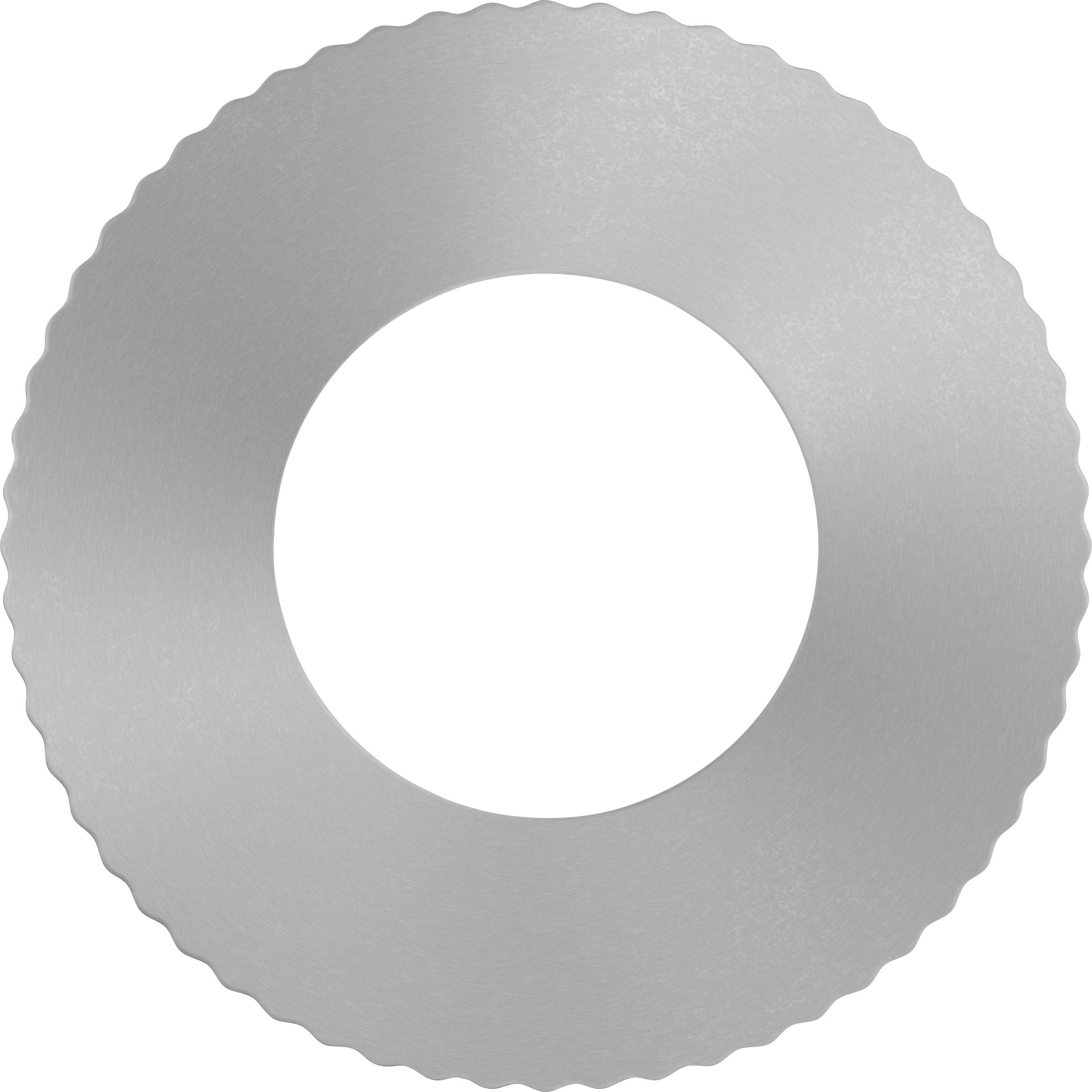 Šedý kovový okrúhly disk s ozubeným vonkajším okrajom a centrálnym otvorom, podobný pílovému listu.
