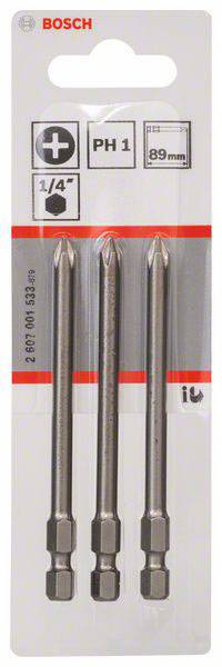 'Tri Bosch PH1 skrutkovacie hroty, 89 mm dlhé, upevnené na kartónovom obale. Vhodné pre 1/4" skrutkovač.'