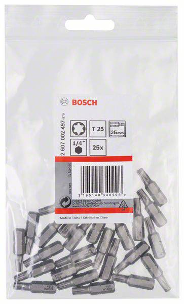 Plastová taška s 25 skrutkovacími bitmi Bosch, Torx T25, dĺžka 25 mm. Obsahuje popis produktu a čiarový kód.
