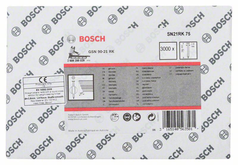 Na obrázku je vidieť obal Bosch. Obal zobrazuje model "GSN 90-21 RK" a kapacitu 3000 klincov.