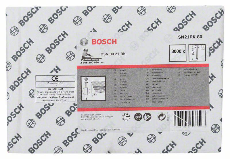 Klince Bosch, model SN21RK 80, 3000 kusov. Balenie s technickými špecifikáciami a informáciami o výrobcovi.