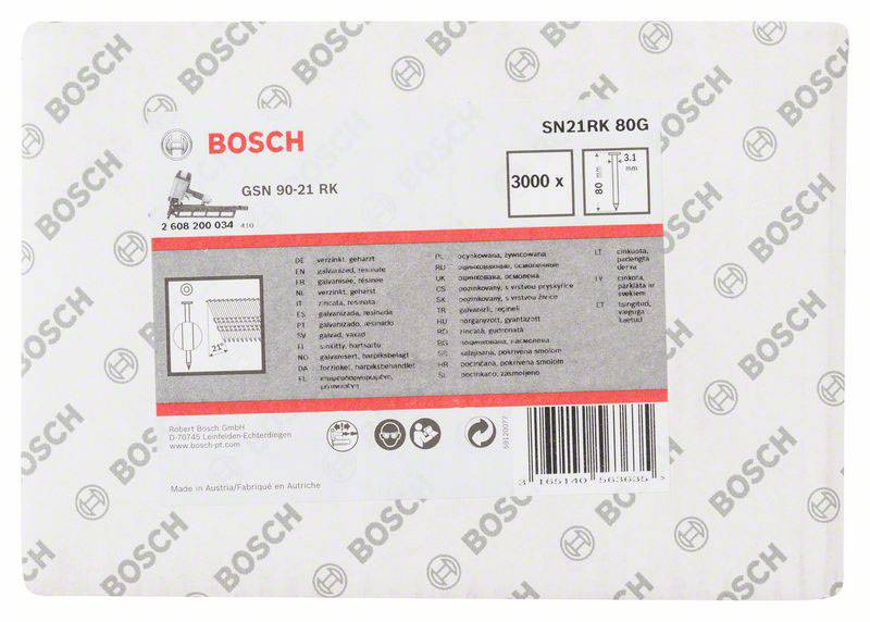 Obal Bosch zobrazuje grafiky a technické detaily umývačky riadu, model GSN 90-21 RK, kapacita: 3000 W.
