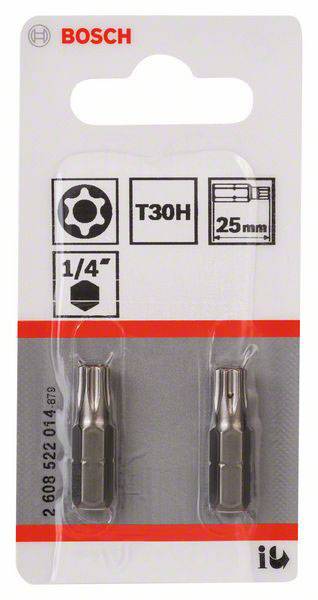 Dva skrutkové nástavce Torx veľkosti T30H, 25 mm dlhé, balené v blistrovom obale, značka Bosch, kompatibilné s 1/4-palcovými nástrojmi.