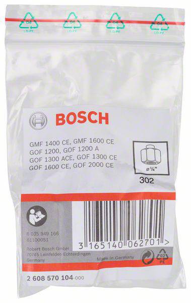 Plastový obal s logom Bosch. Uvádza modelové čísla: GMF 1400 CE, GMF 1600 CE, GOF 1200, GOF 1200 A. Symboly recyklácie hore.