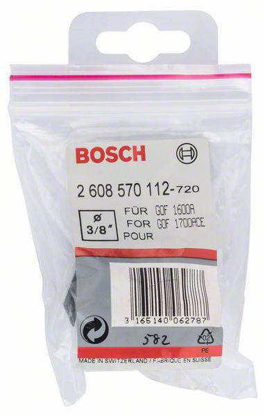 Plastový obal od Bosch s nápisom 'Pre GKF 1600 a GOF 1700ACE'. Obsahuje súčasť nástroja s rozmermi '3/8'.
