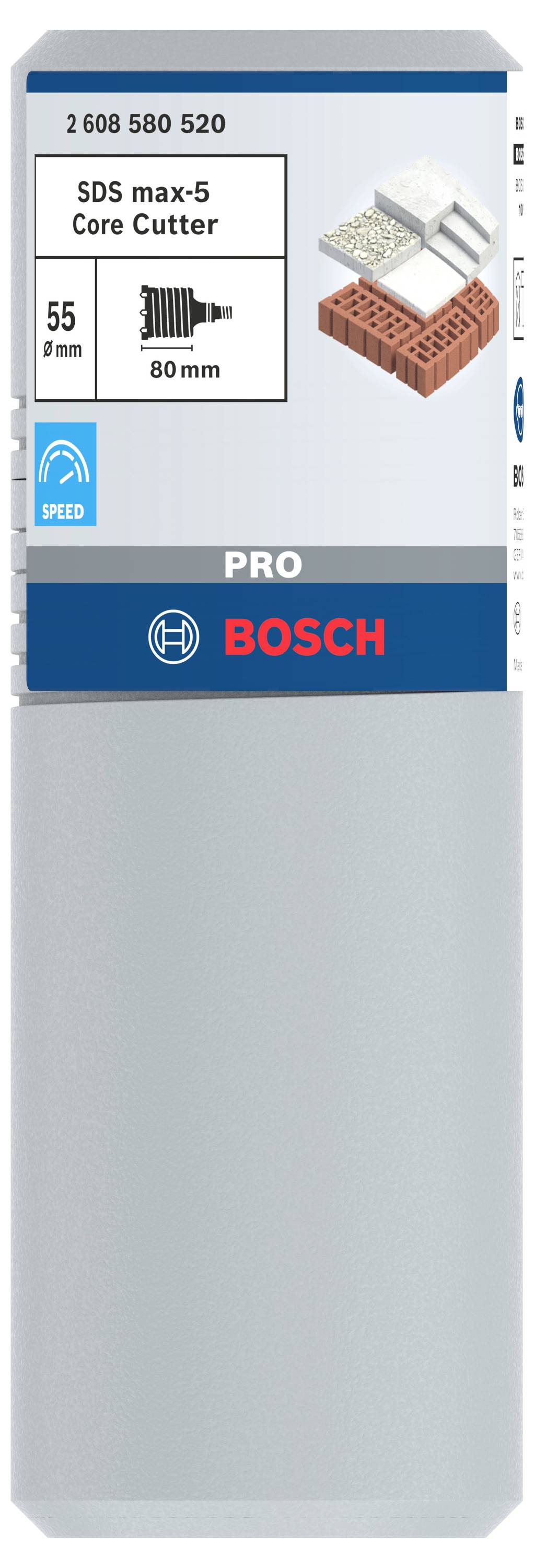 Balenie Bosch SDS max-5 jadrového vrtáka. Zobrazuje obrázok vrtáka, priemer 55 mm, dĺžka 80 mm. Vhodný pre murivo.