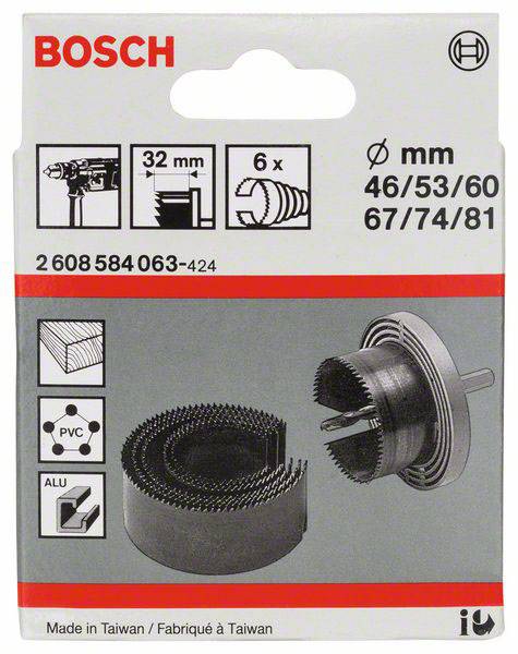 Sada dierovej píly 'Bosch' v balení so zobrazením zahrnutých veľkostí píl (46/53/60/67/74/81 mm), vhodná pre hliník a PVC.