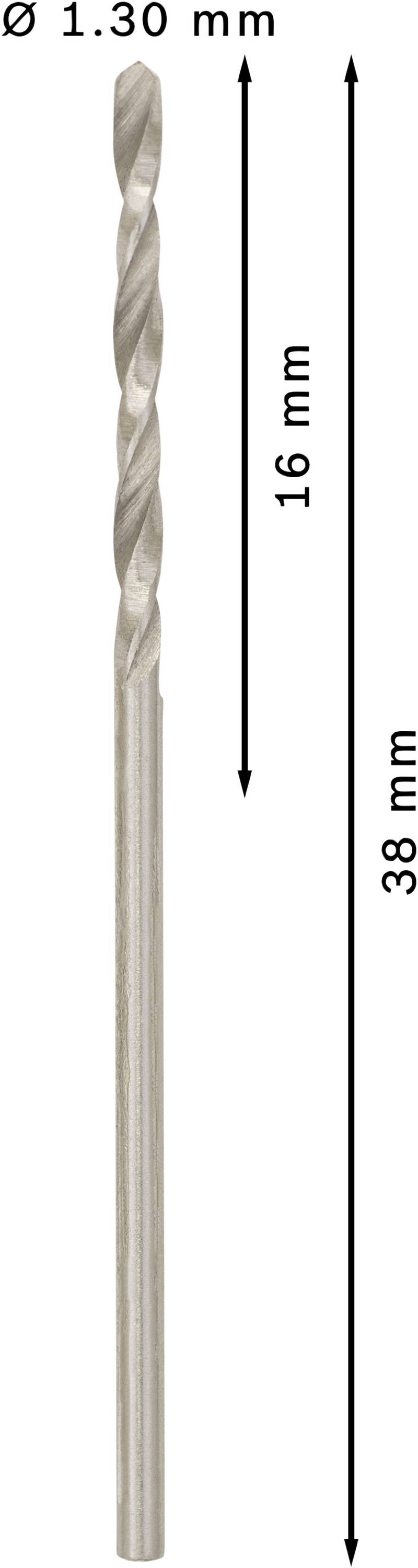 Vrták s priemerom 1,30 mm a celkovou dĺžkou 38 mm. Špirálová časť je dlhá 16 mm.