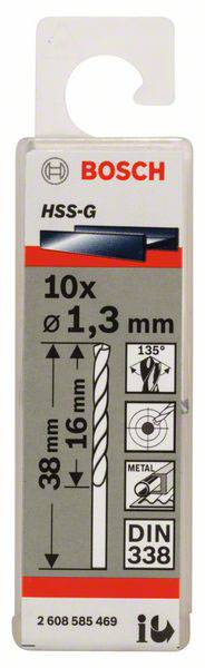 Balenie 10 vrtákov 'Bosch', HSS-G, priemer 1,3 mm, dĺžka 38 mm, norma DIN 338 na obrábanie kovu.