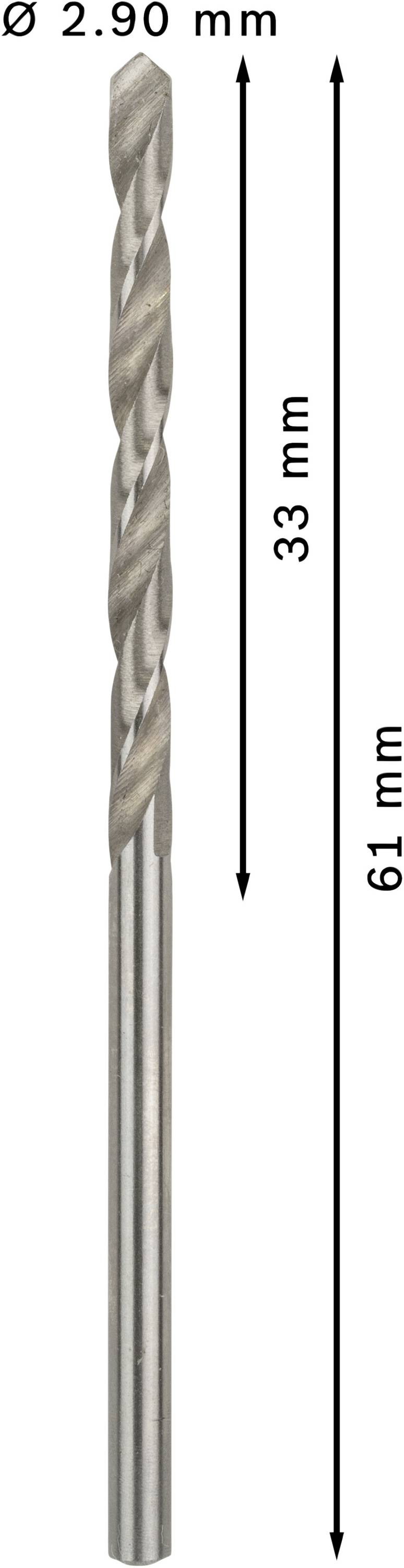 Vrták s priemerom 2,90 mm, dĺžkou drieku 61 mm a dĺžkou reznej časti 33 mm.