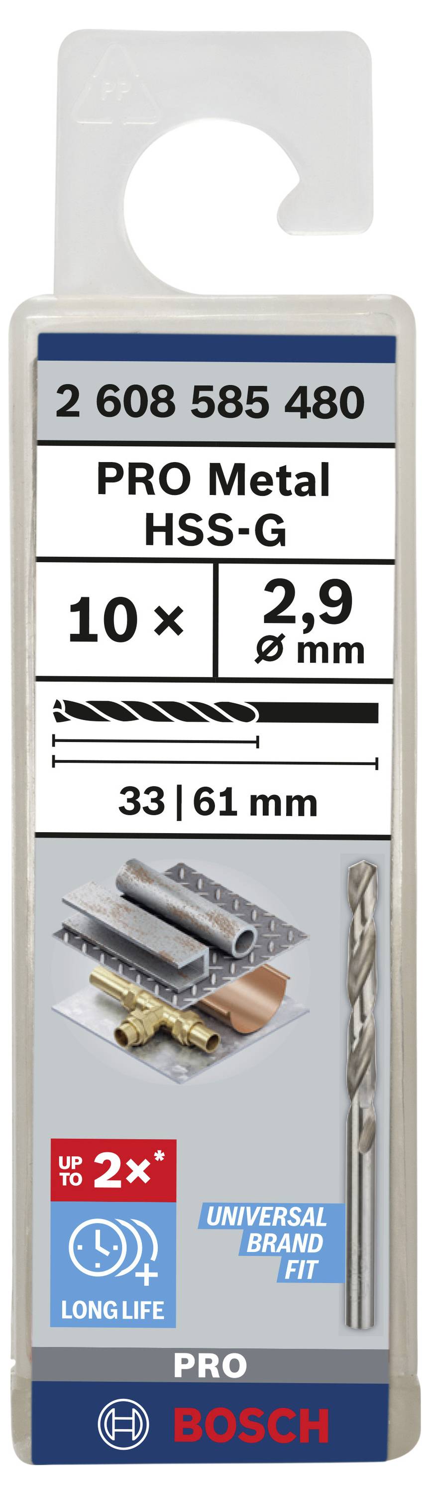 Balenie vrtákov s nápisom 'PRO Metal HSS-G', obsahuje 10 kusov, priemer 2,9 mm, dĺžka 33 mm - 61 mm, značka Bosch.
