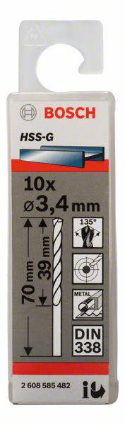 Bosch HSS-G vrtáky, 10 kusov, Ø 3,4 mm, dĺžka 70 mm, dĺžka špirály 39 mm, na kov, DIN 338.