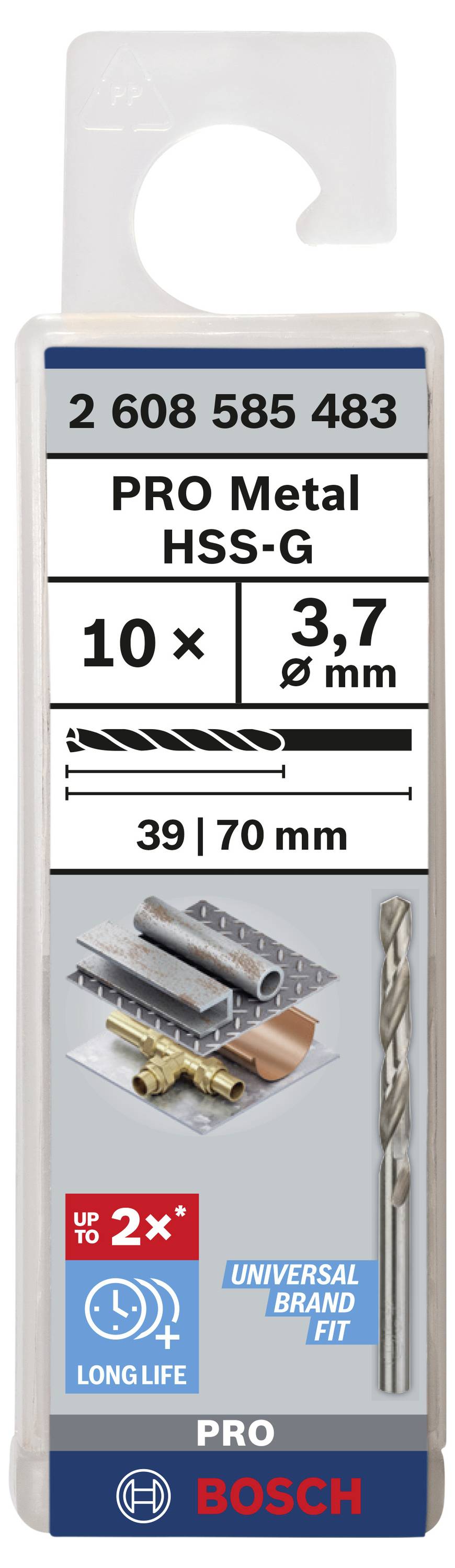 Sada vrtákov Bosch na opracovanie kovov, HSS-G, 10 kusov, priemer 3,7 mm, dĺžka 39/70 mm, zobrazuje kompatibilné materiály.