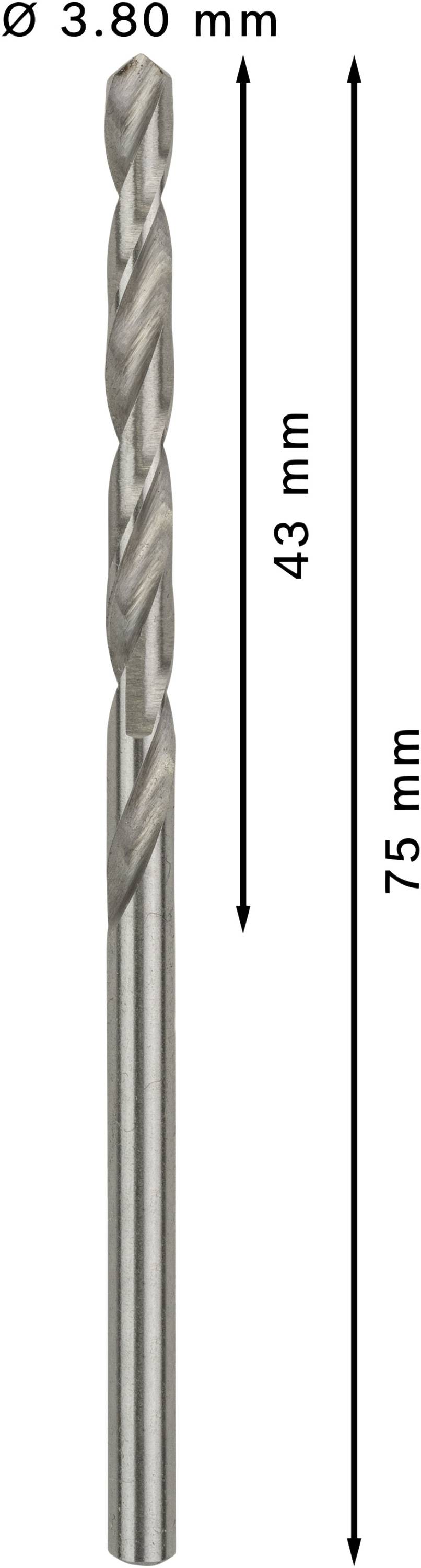 Kovový vrták s priemerom 3,80 mm a celkovou dĺžkou 75 mm, z toho 43 mm rezná časť.