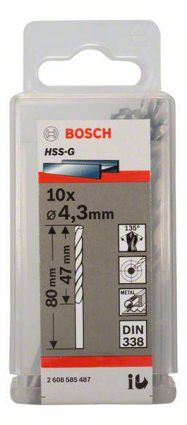Balenie obsahuje 10 vrtákov HSS-G od Boscha, priemer 4,3 mm, dĺžka 80 mm, použiteľná dĺžka 47 mm, vhodné pre kov, uhol špičky 135°.