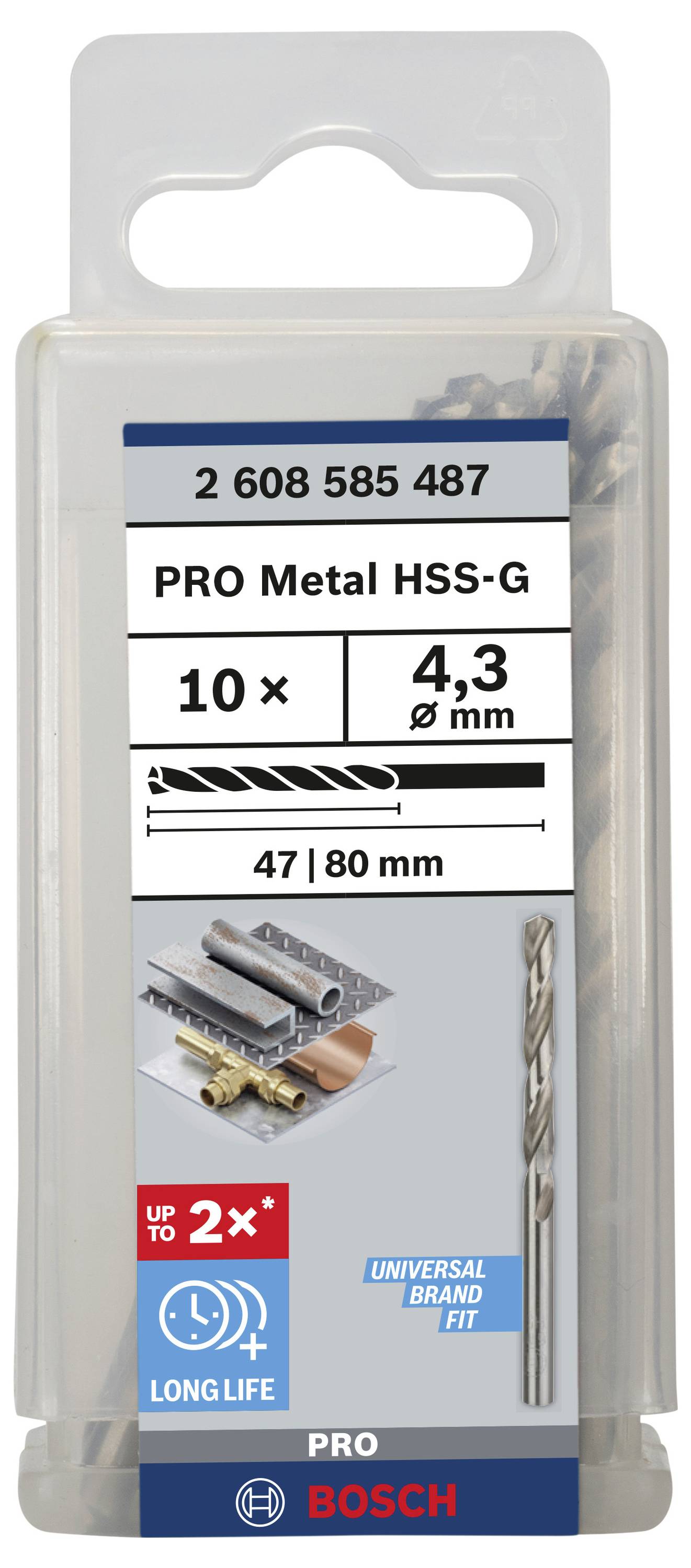 Sada vrtákov od Bosch pre kov, 10 kusov, priemer 4,3 mm, HSS-G pre dlhšiu životnosť, vhodné pre rôzne značky.