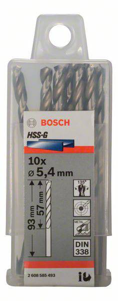 Balenie s 10 ks Bosch HSS-G vrtákmi, priemer: 5,4 mm, dĺžka: 93 mm. Vhodné na vŕtanie kovu, podľa normy DIN 338.