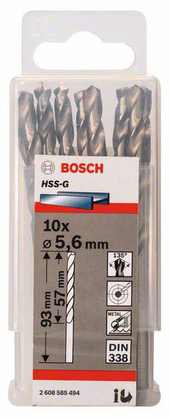 'Bosch HSS-G sada vrtákov do kovu, 10 kusov, priemer 5,6 mm, dĺžka 93 mm, použiteľná na kov, štandard DIN 338.'