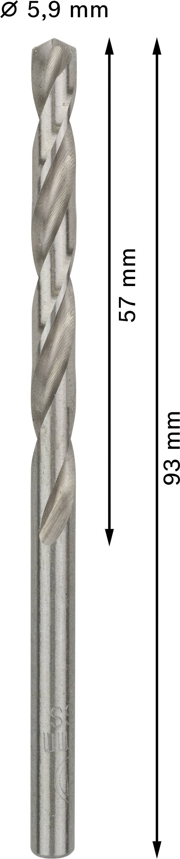 Vrták s priemerom 5,9 mm, celková dĺžka 93 mm, použiteľná dĺžka 57 mm, z kovu.