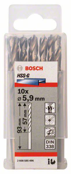'Sada vrtákov Bosch, 10 kusov, Ø 5,9 mm, 93 x 57 mm, HSS-G, vhodná pre kov, podľa normy DIN 338.'